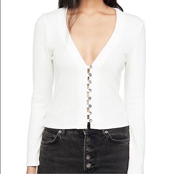 Reformation Geller Cream Ribbed Button-Down Shirt Cardigan - Picture 2 of 7